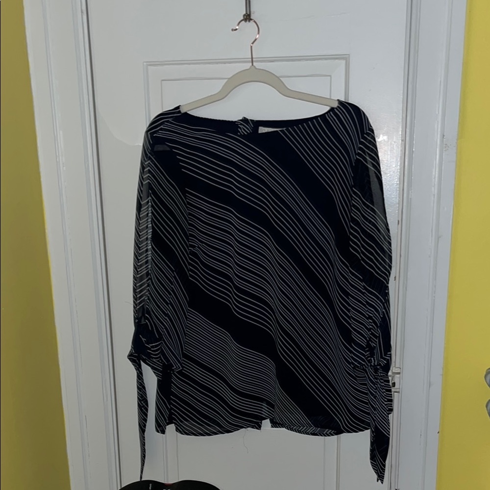 Navy blue and white Asymmetrical Tie Front Blouse